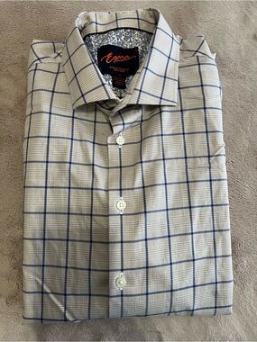Egara Slim Fit Beige Dress Shirt with Blue Windowpane